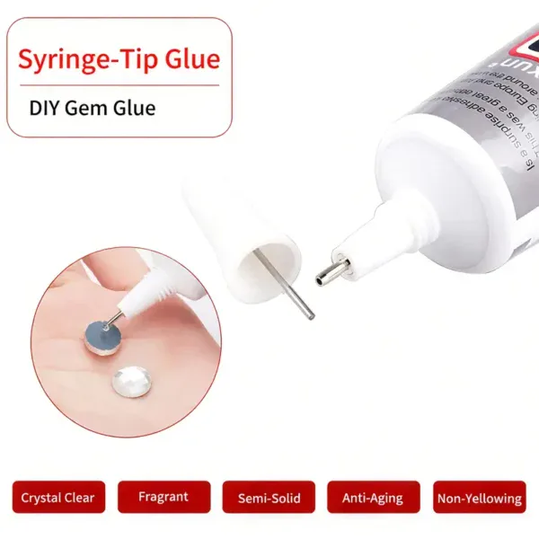 Syringe-tip glue tube with applicator for DIY gemstone decoration and crafts.